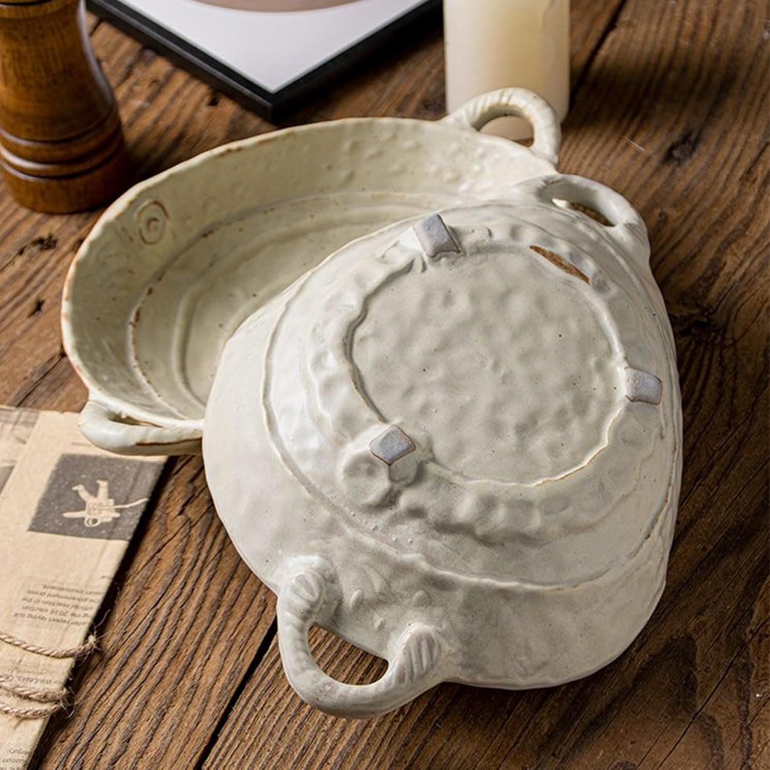 Free-Form Edge Ceramic Bowl with Handles Retro Distressed Style Glazed for Fruit Bowl,Salad Bowl Table Centerpiece Decor Handmade Ceramics