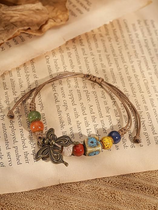 Ceramic Beads and Butterfly Charm Collection Bracelet Handmade Vintage Created Turquoise Beads Bohemian Jewelry for Women