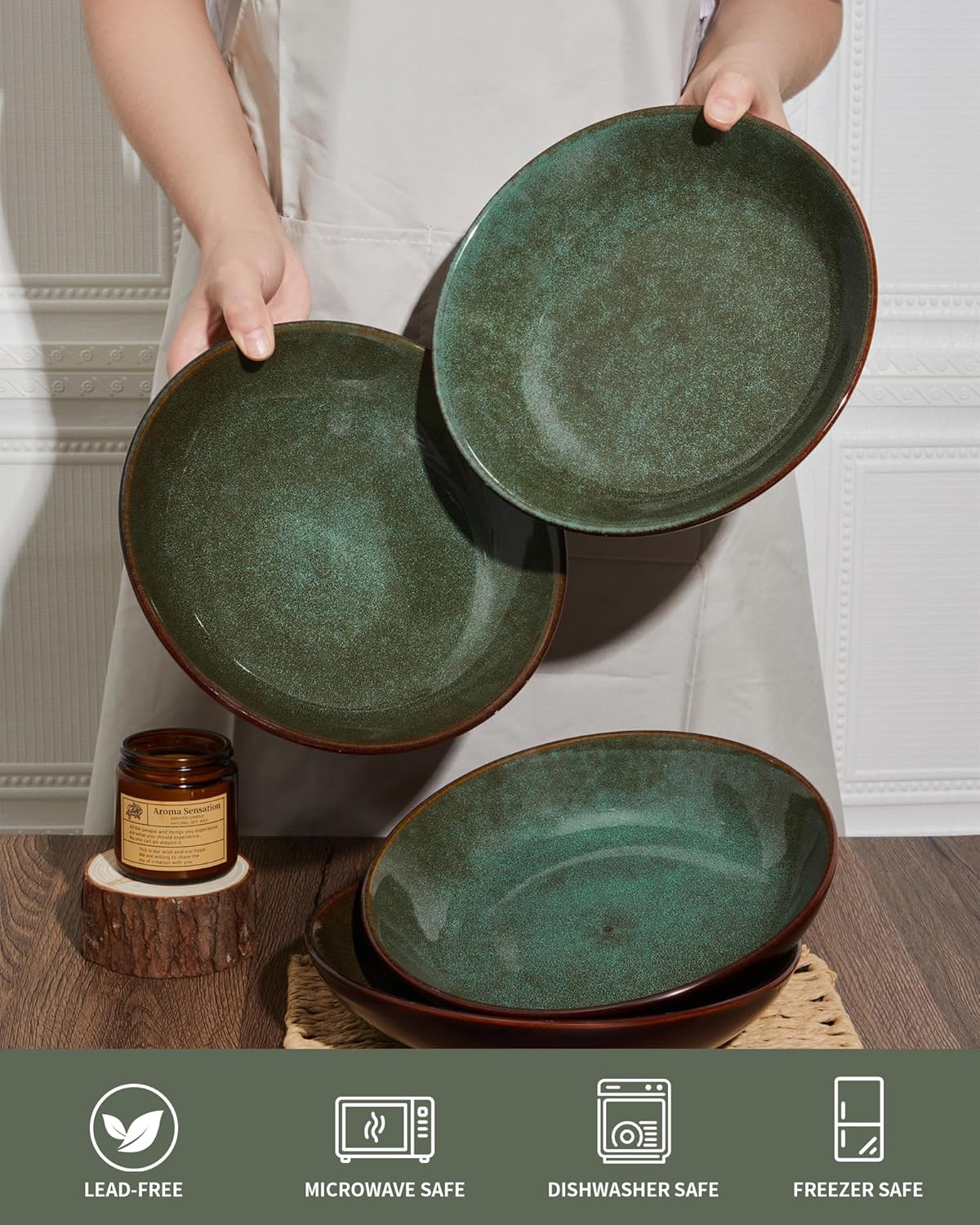 8.75 Inch Large Ceramic Pasta Bowls 32 Oz Reactive Glaze Stoneware Pasta Serving Bowls Set of 4 for Kitchen Wide Bowls for Fruit,Pasta,Salad,Soup Scratch Resistant Brown and Green