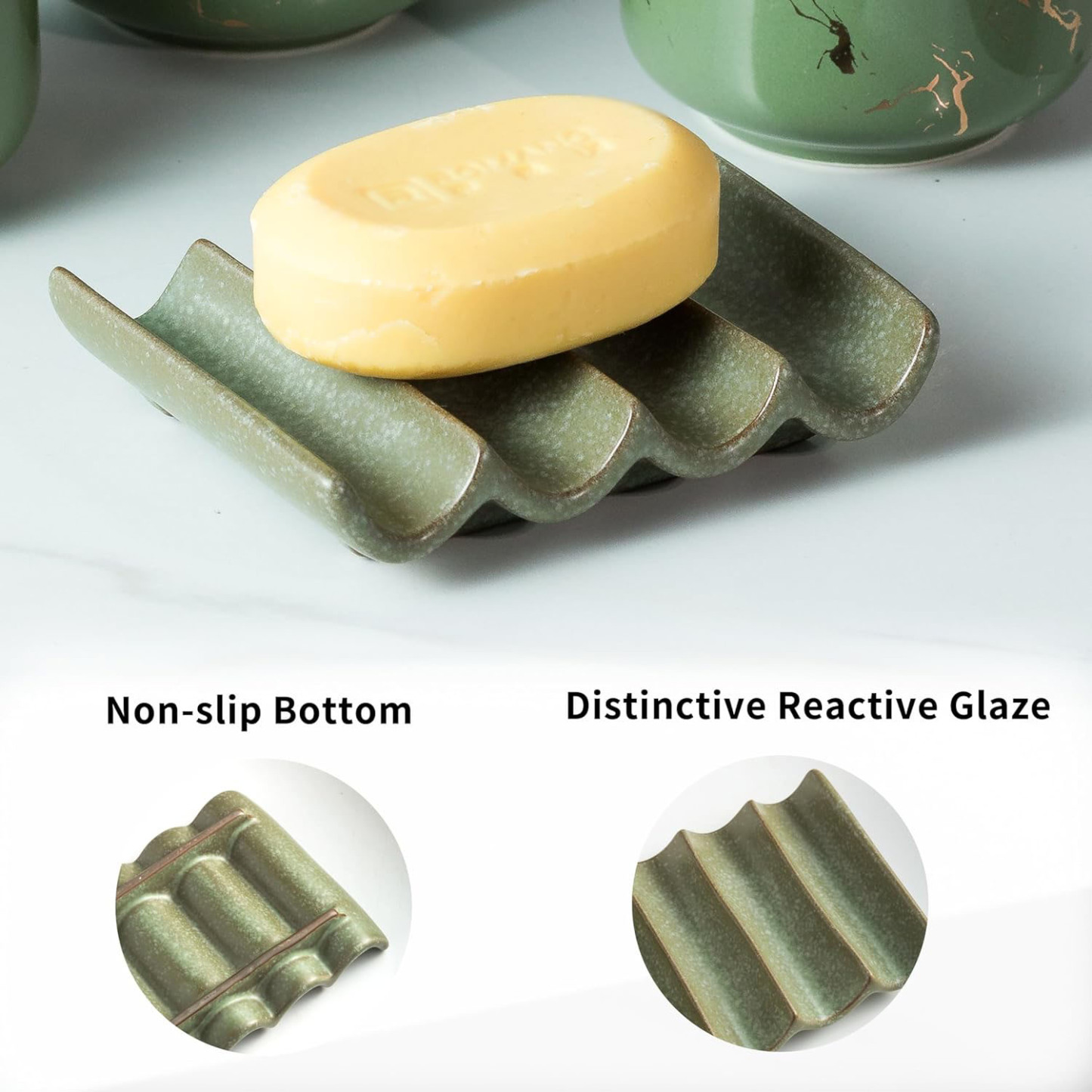 Draining Ceramic Soap Dish Fluted Design Bar Soap Holder for Shower & Bathroom Soap Saver Sponge Lift Green