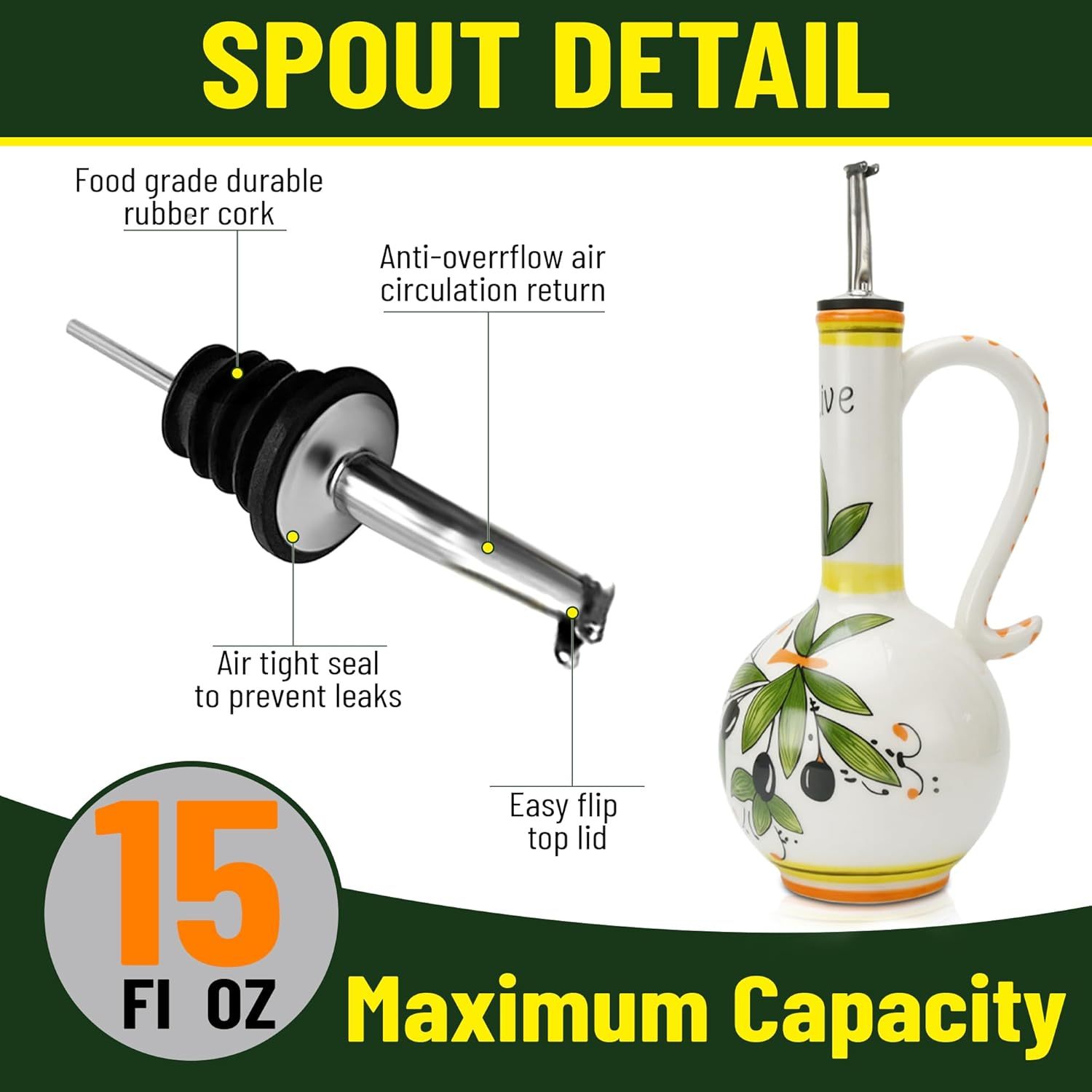 Hand-Painted Ceramic Olive Oil Dispenser Bottle 15oz Decorative Stoneware Cruet with Stainless Steel Spout for Oil, Vinegar, Syrups, and Sauces
