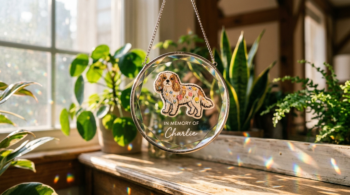 In Memory of Charlie custom pet photo suncatcher with faceted crystal frame hanging by a window.