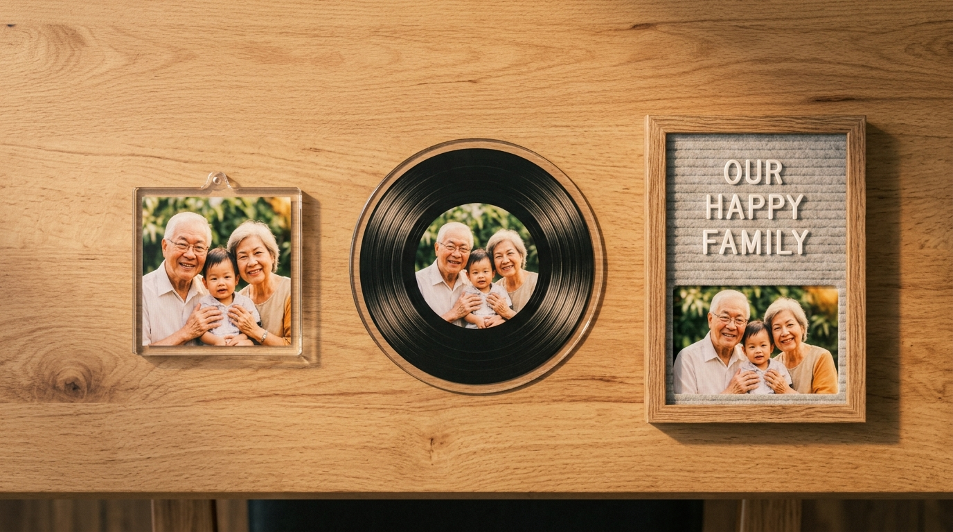 Flat lay of a record-shaped plaque, letter-board photo frame, and photo ornament on a wooden desk