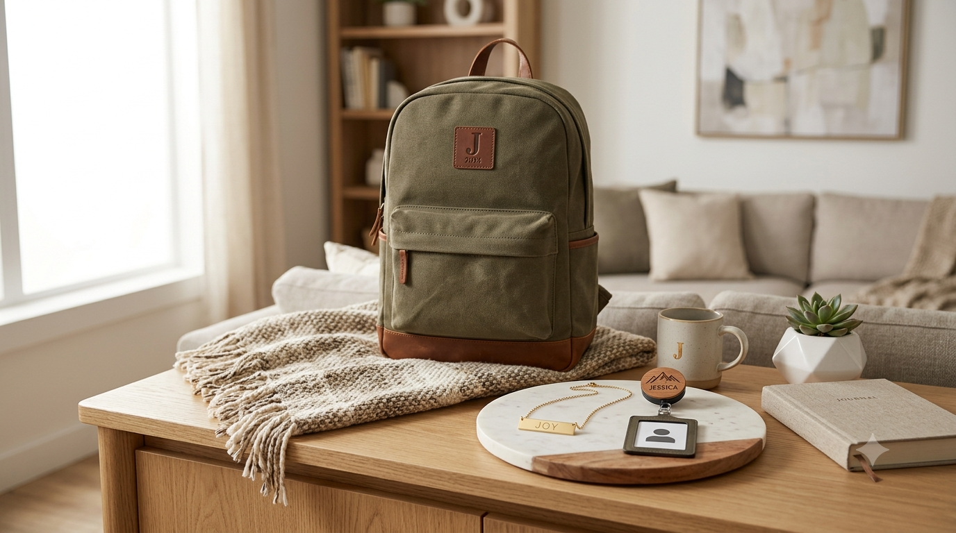 A curated gift arrangement featuring a personalized necklace, custom backpack, and badge reel, styled as a thoughtful and premium gift set.