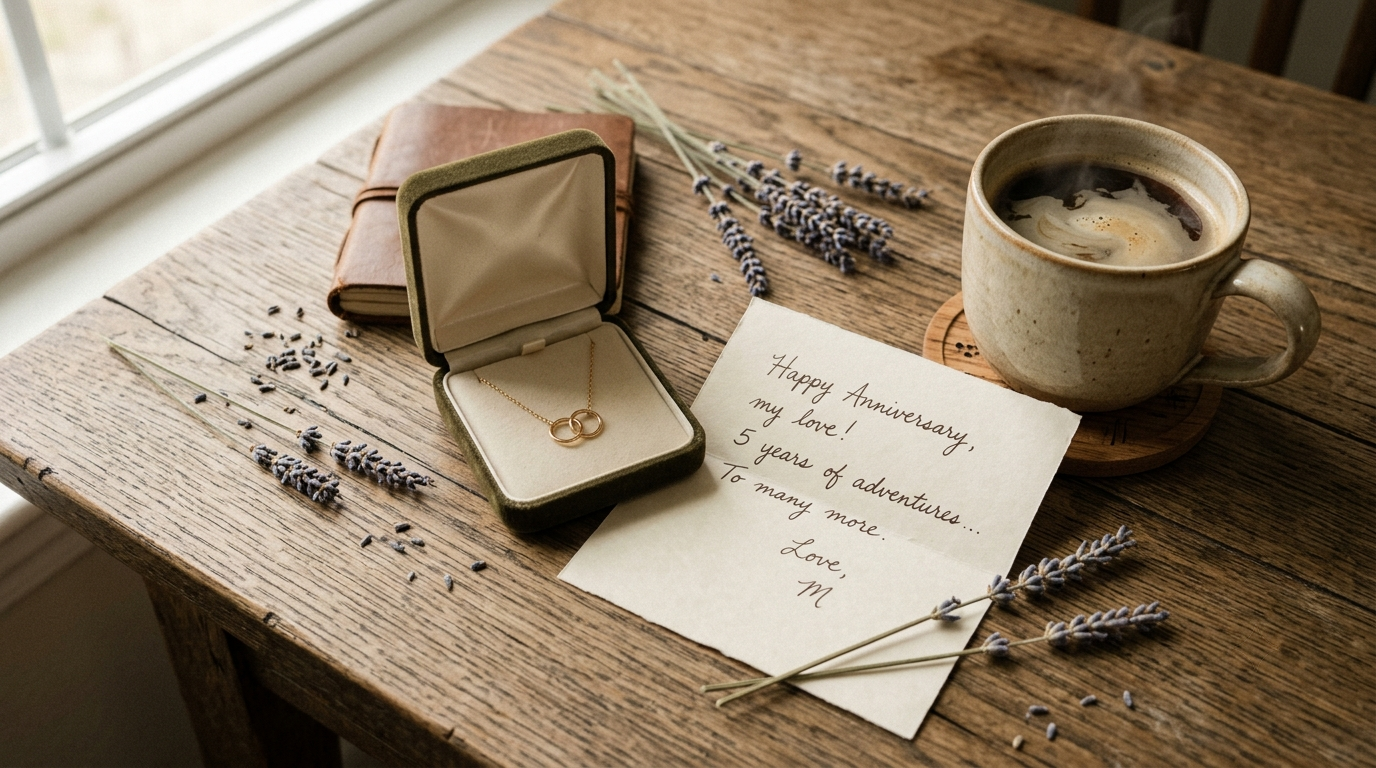 Flat lay of anniversary gifts including a jewelry box, handwritten letter, and dried flowers