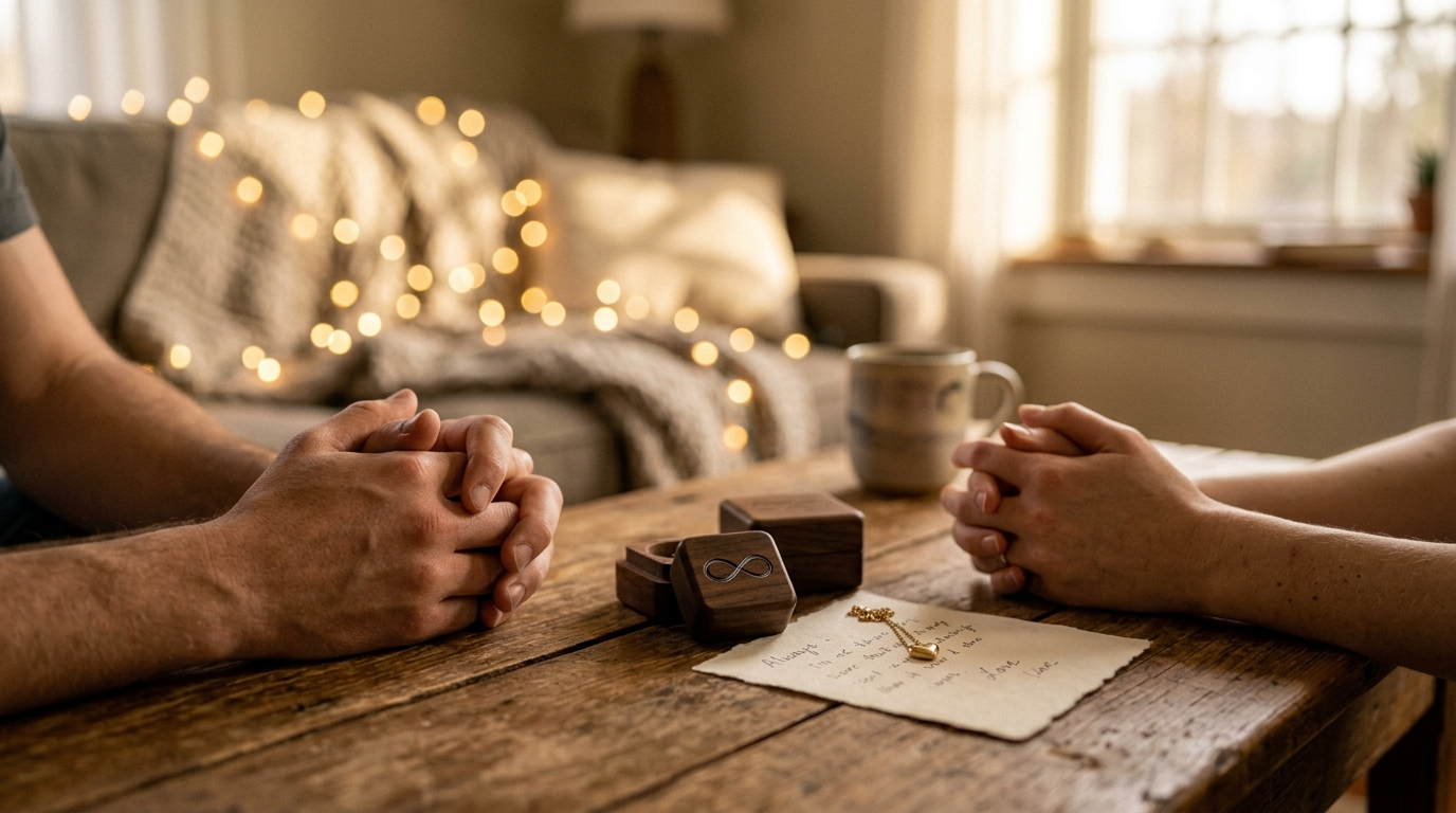 Two couples' hands intertwined on a table with small gift boxes and a handwritten note