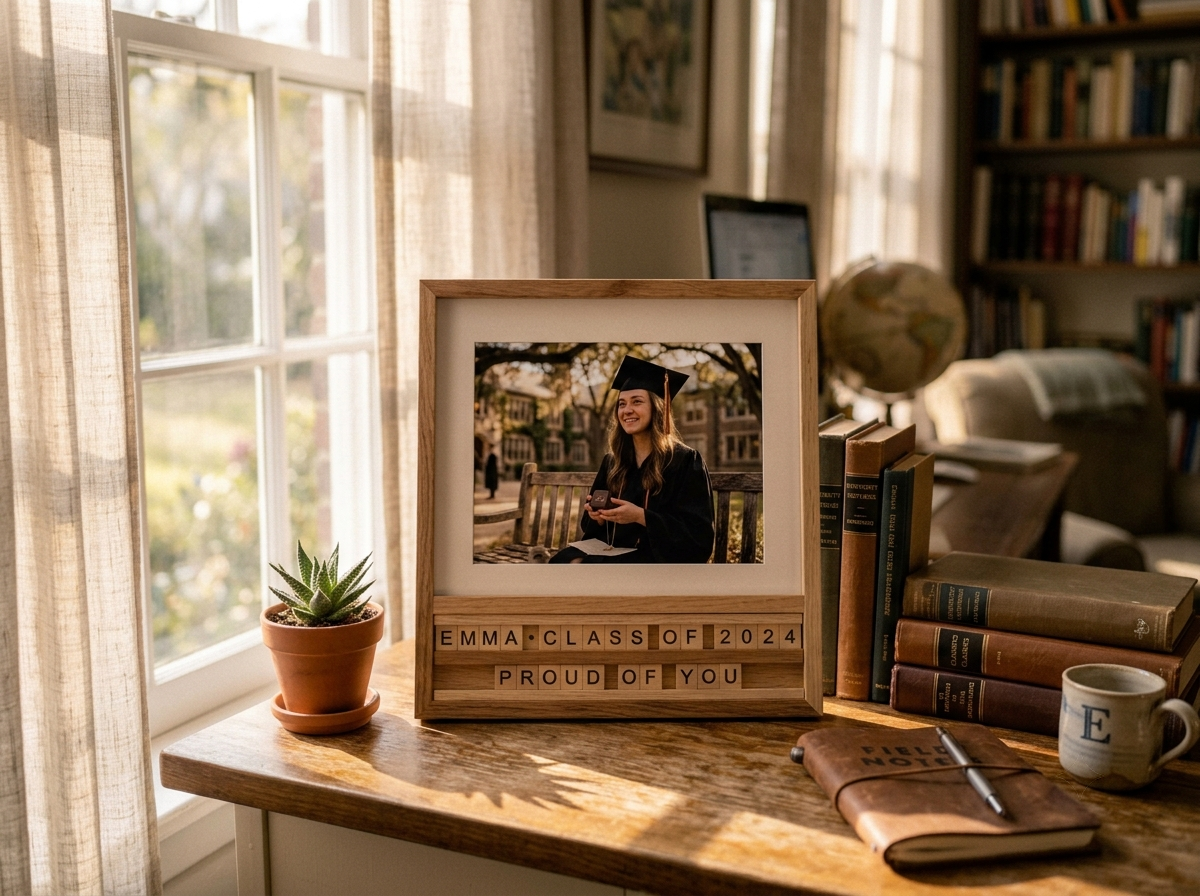 A photo frame with a custom letter board on a desk with a graduation photo