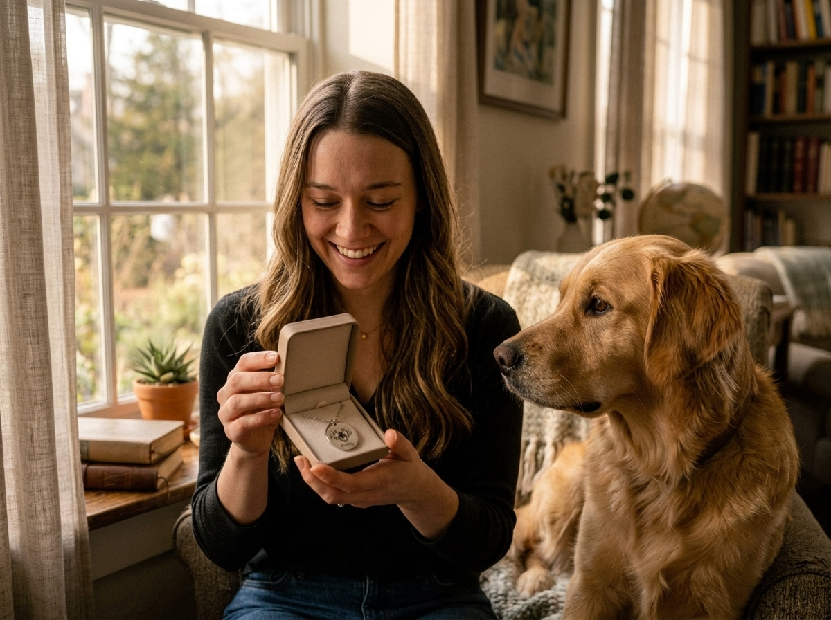 A person opening a gift box with a pet necklace while a dog watches