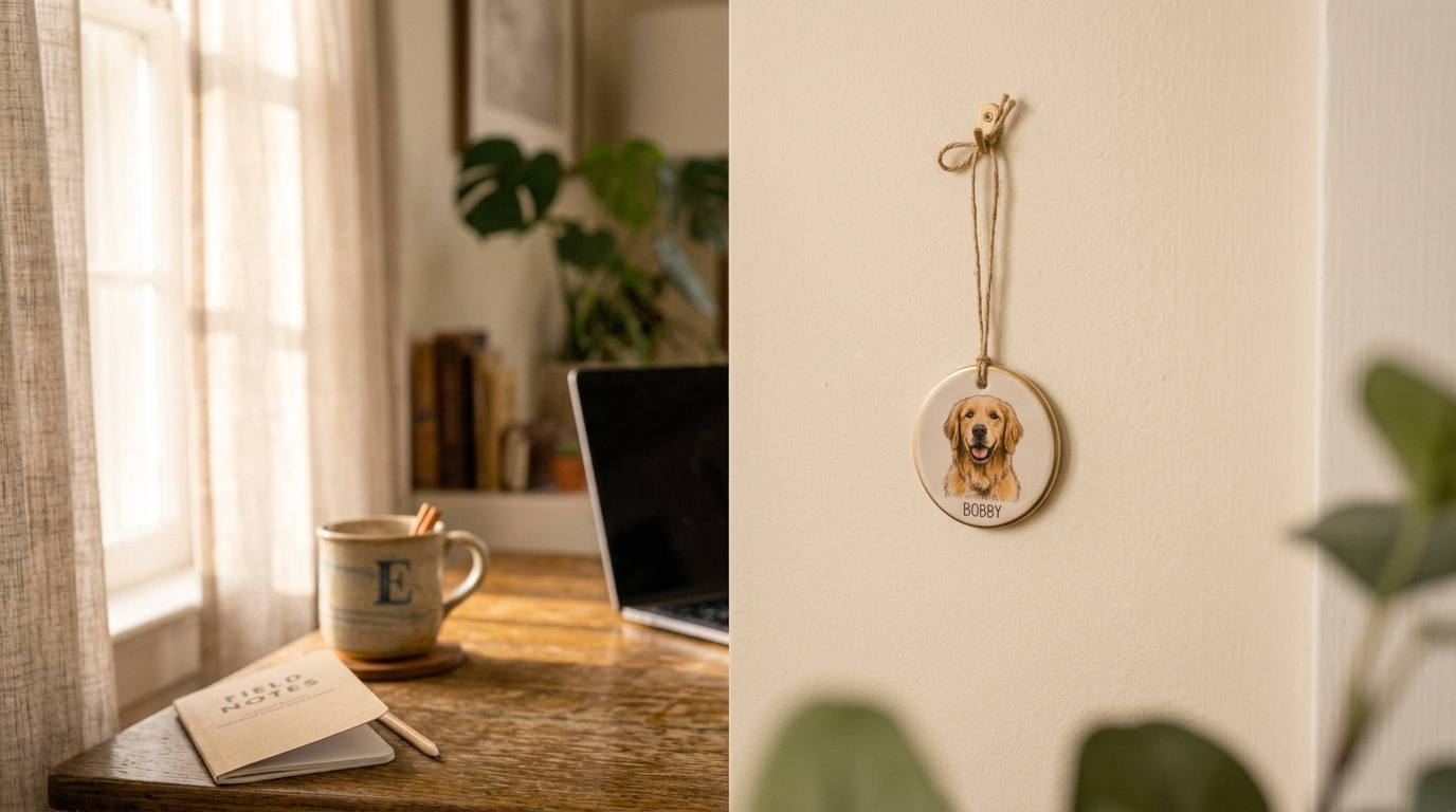 A custom photo ornament hanging near a home office workspace