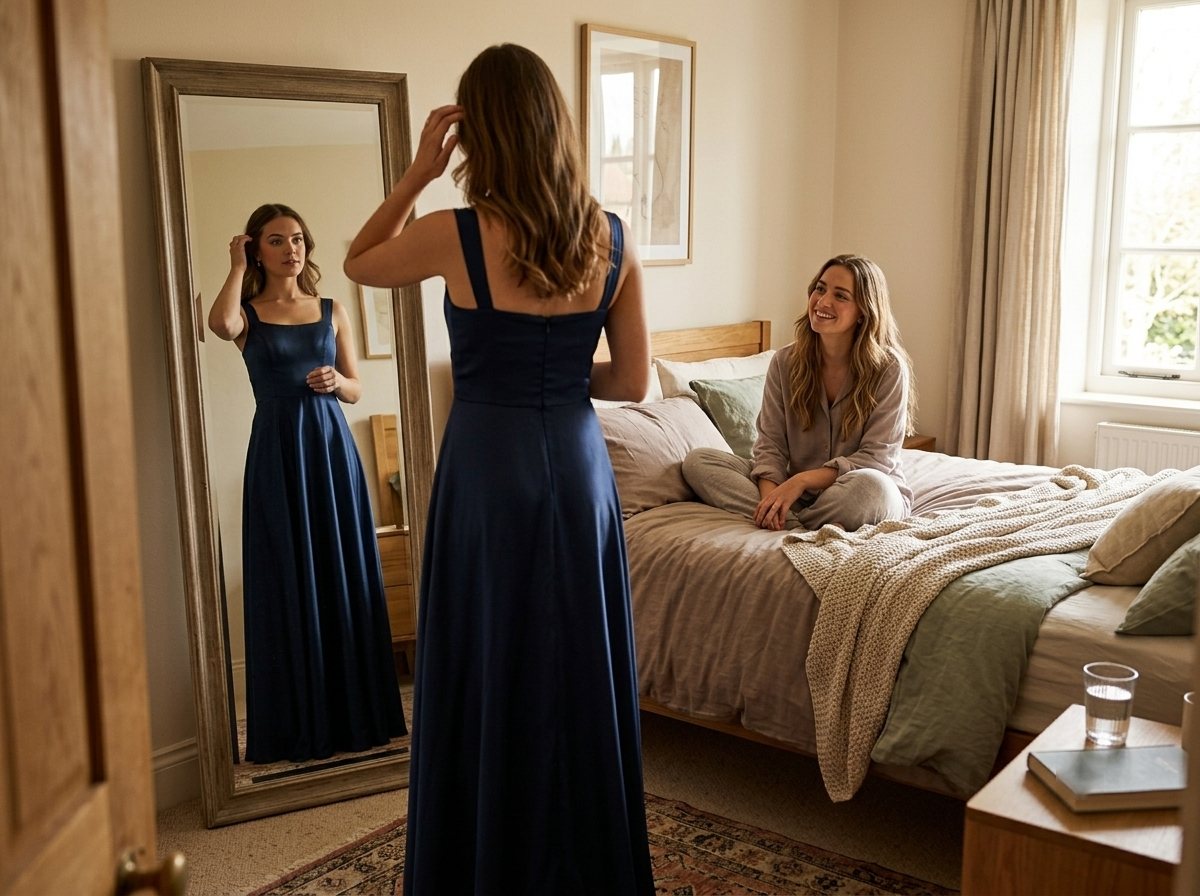 A woman in a navy blue bridesmaid dress looking in a mirror while a friend watches