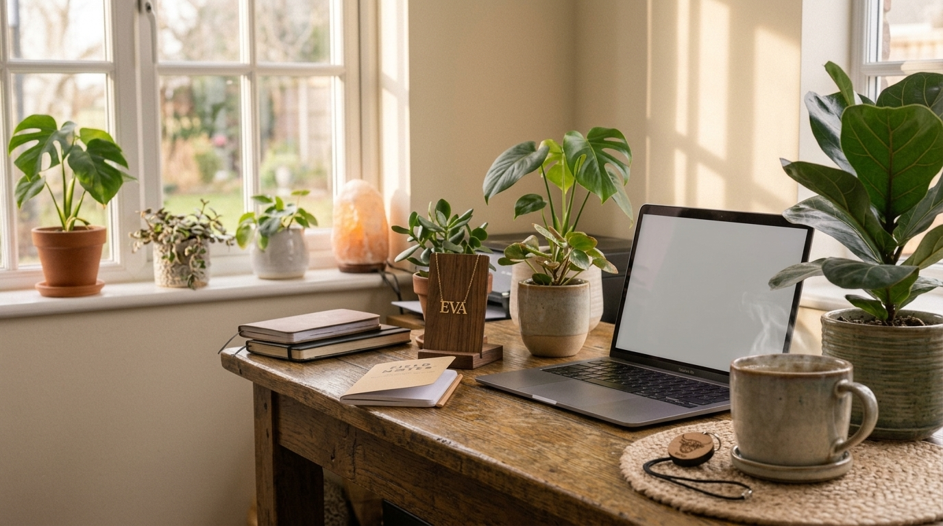 A personalized desk with necklace, badge reel, and warm afternoon light