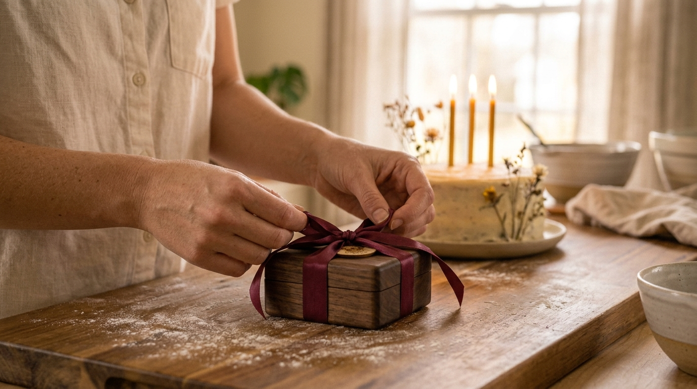 Hands tying a ribbon on a gift box with a birthday cake in the background