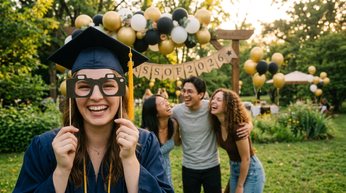 A graduate with photo props and friends laughing at a party