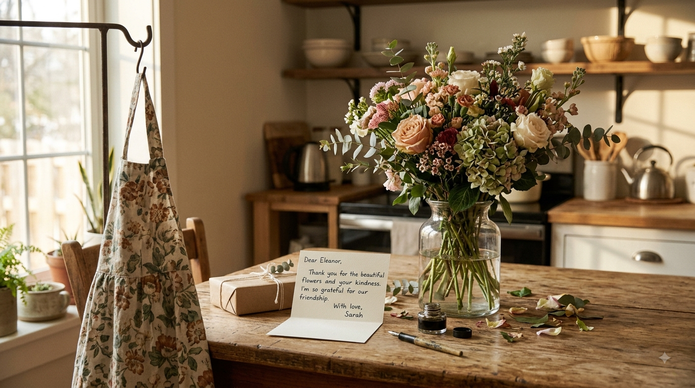 A kitchen with a floral apron, thank you card, and fresh flowers in afternoon light