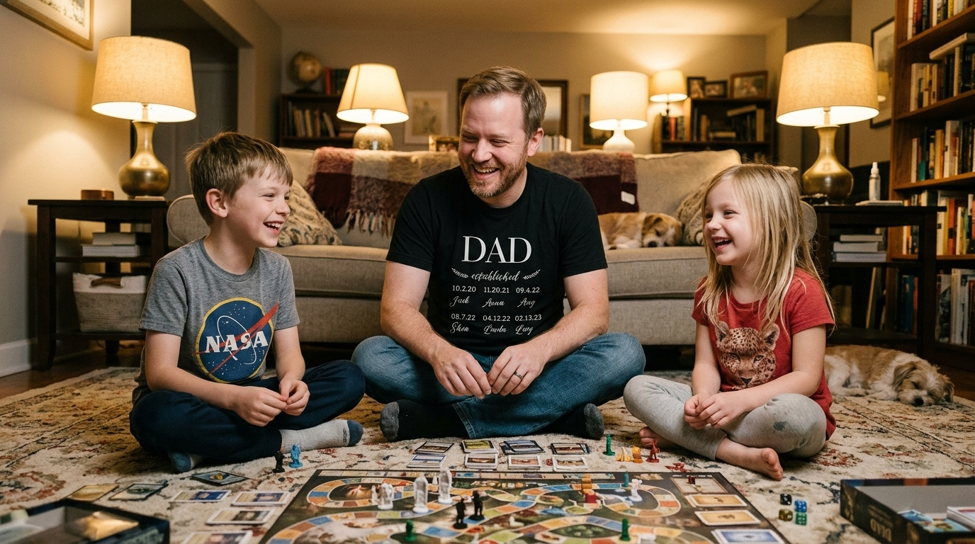 A father and his kids playing a board game on the living room floor
