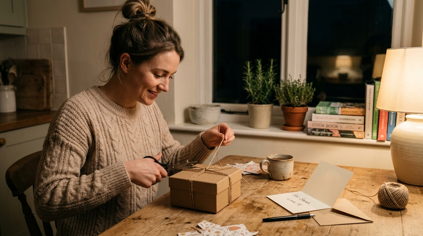 A person wrapping a gift at a kitchen table with warm lamplight