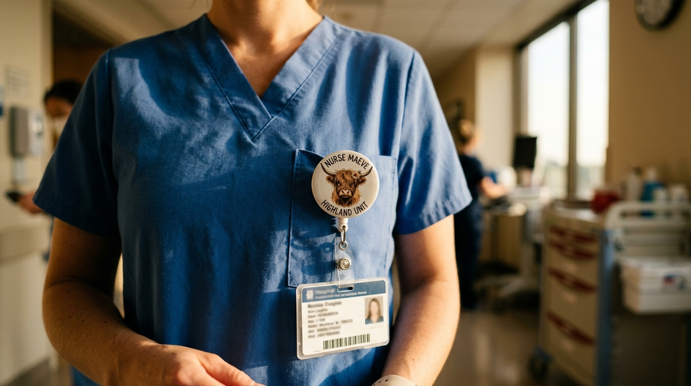 A highland cow badge reel clipped to nurse scrubs in hospital light