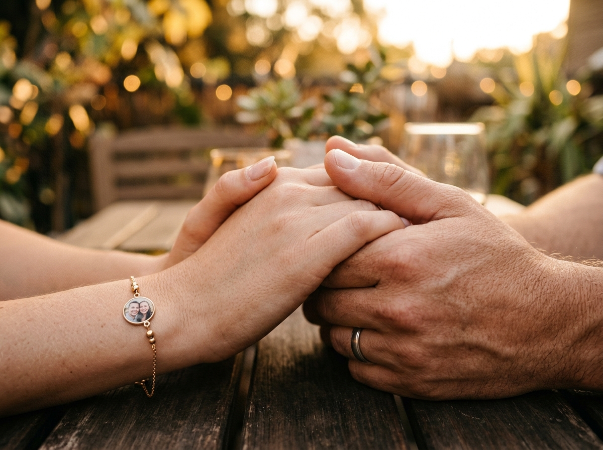 Two hands intertwined, one wearing a photo projection bracelet in golden light