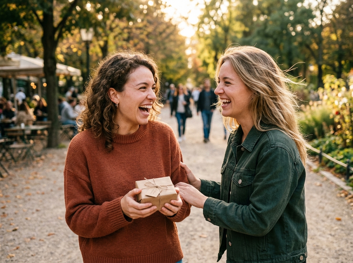 Two friends sharing a laugh as one receives a gift outdoors