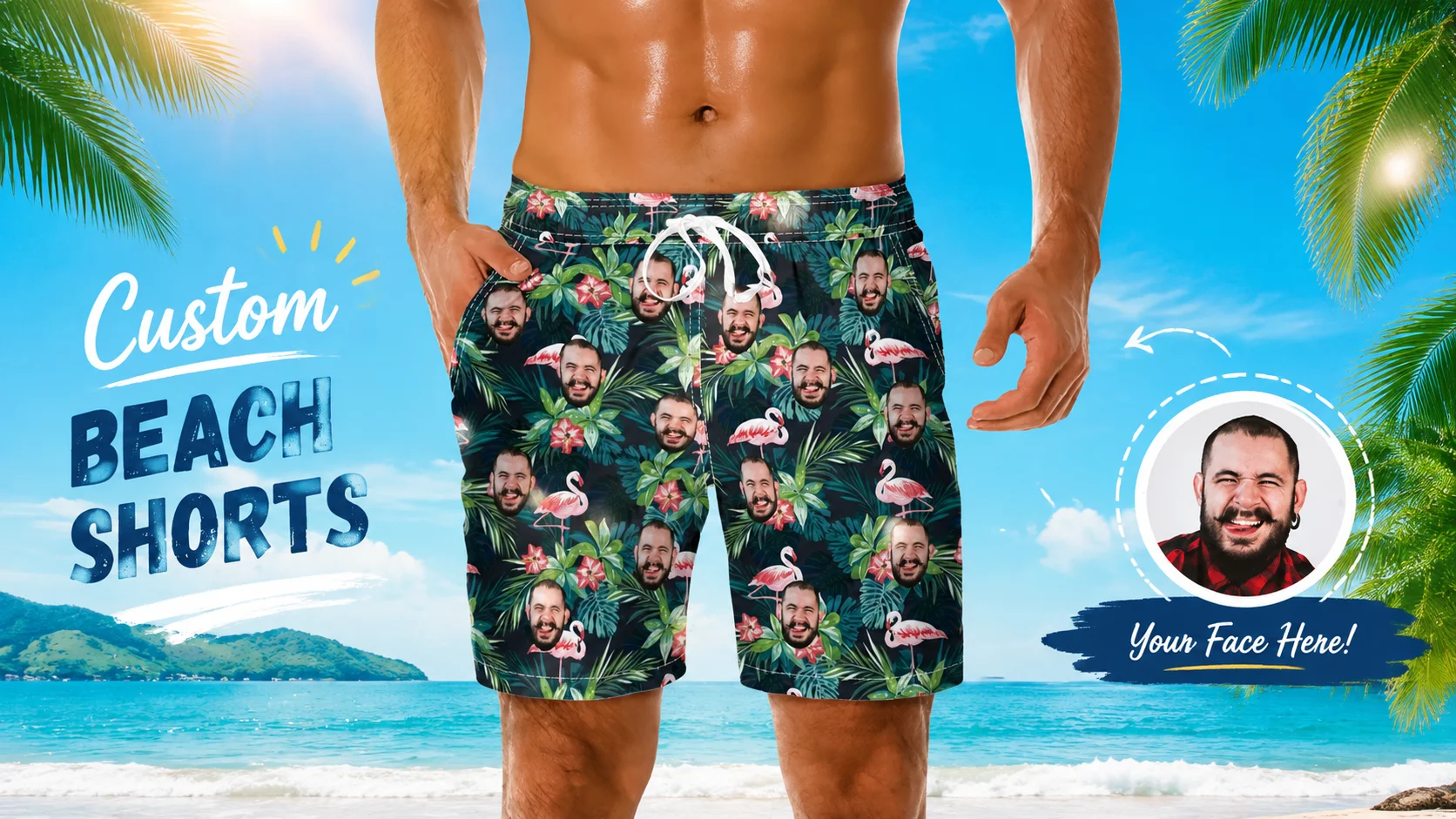 Close-up of custom face beach shorts with an elastic drawstring waist, worn on a beach