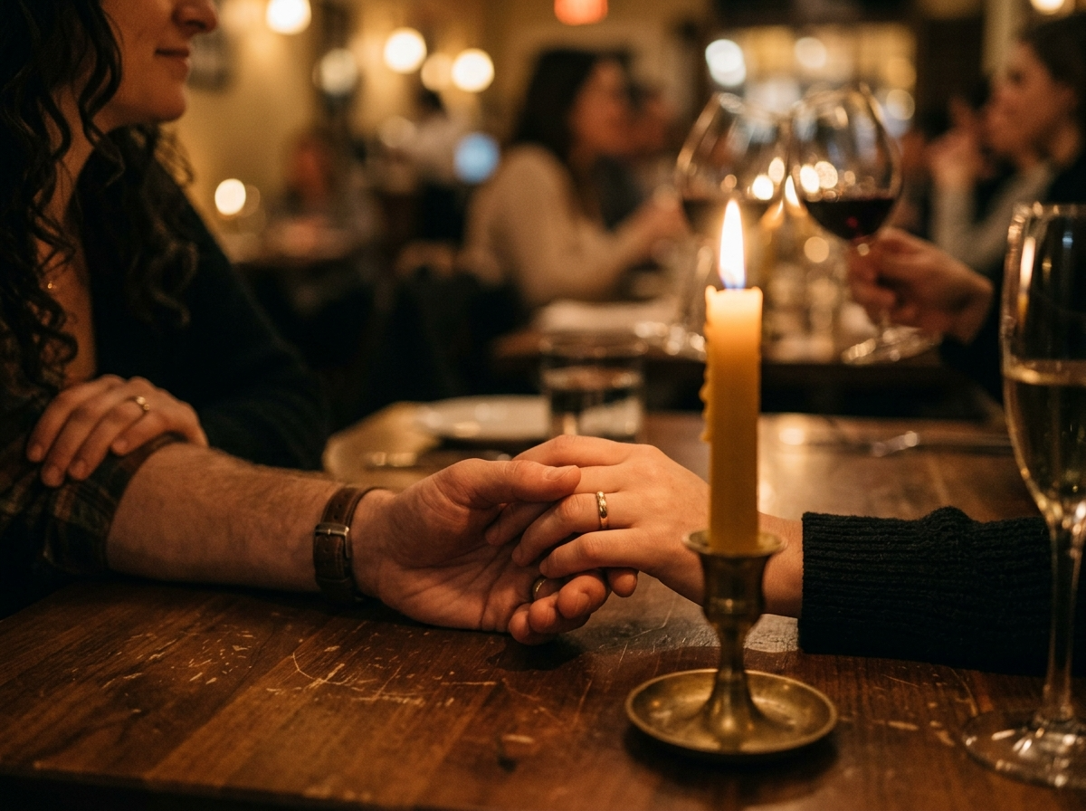 Two people's hands intertwined on a candlelit dinner table