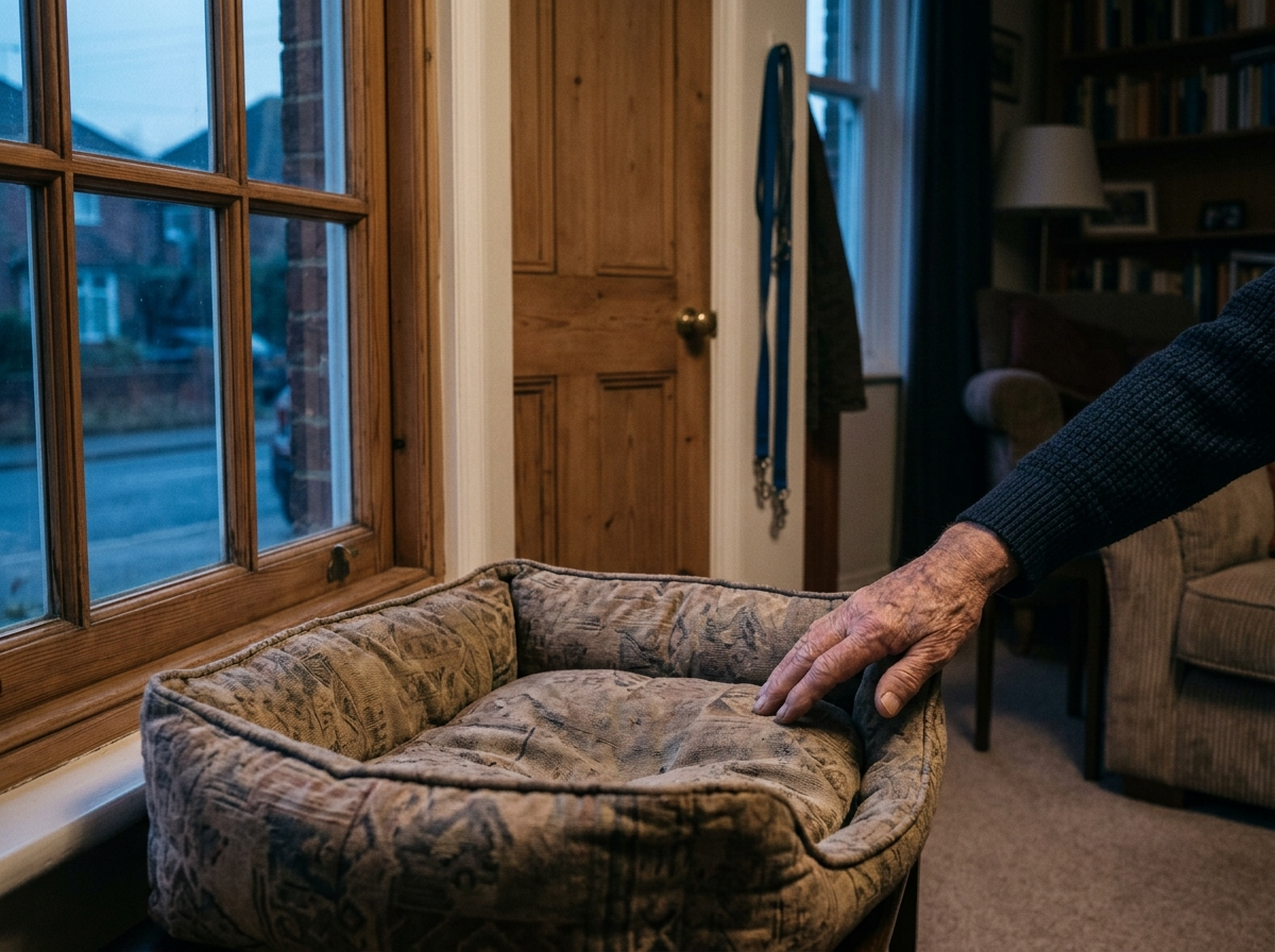 A hand resting gently on an empty dog bed by a window