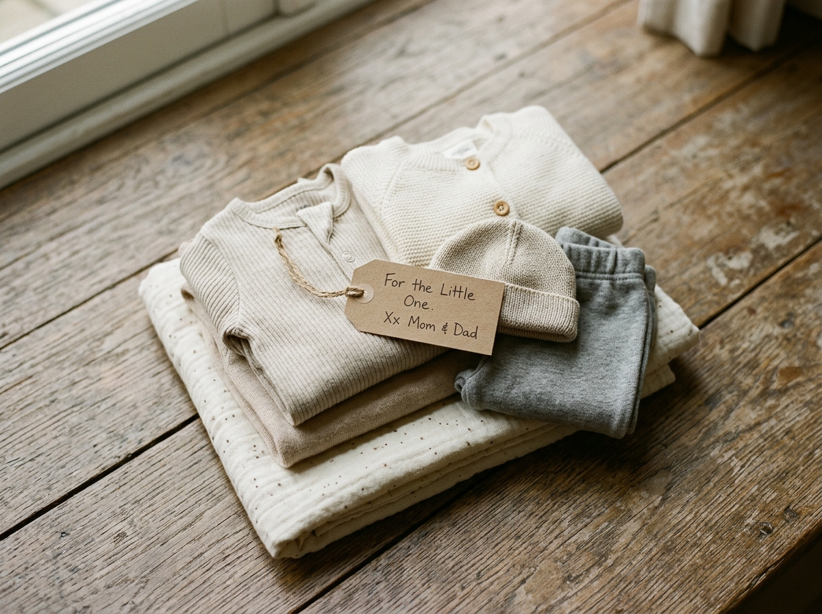 Folded baby clothing on a wooden surface with a small handwritten gift tag
