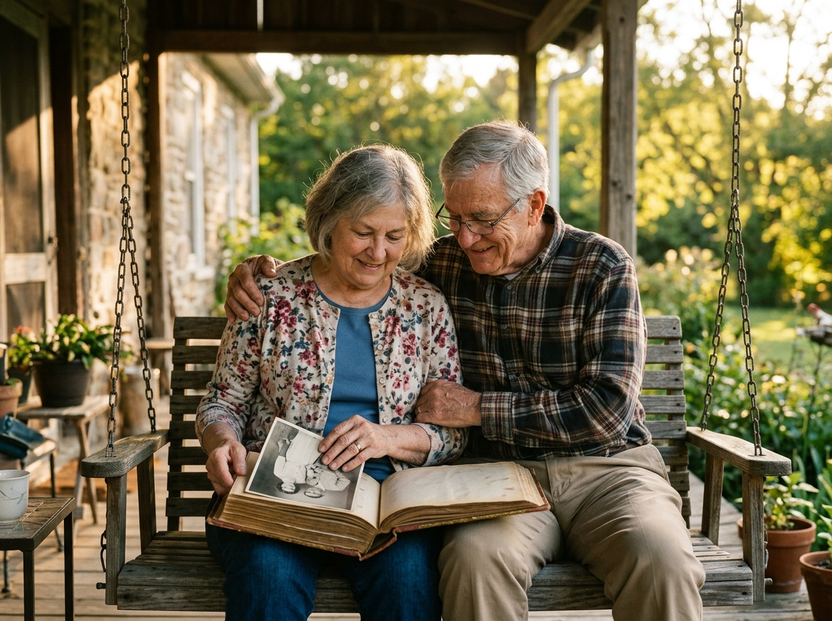 Grandparents looking through an old photo album together on a porch swing