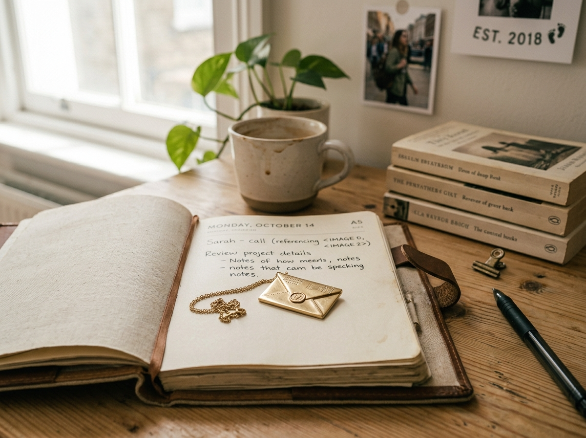 An envelope-shaped pendant necklace resting on an open desk planner