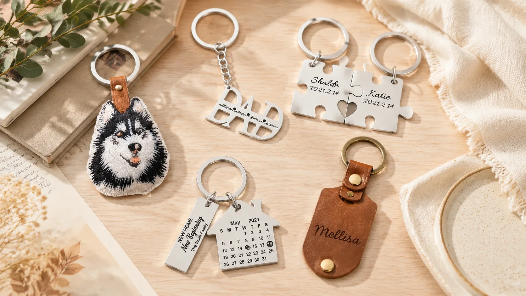 Personalized keychain gift guide collection featuring engraved leather keychain for her, custom dad keychain, puzzle set for couples, calendar photo keychain, and embroidered pet portrait