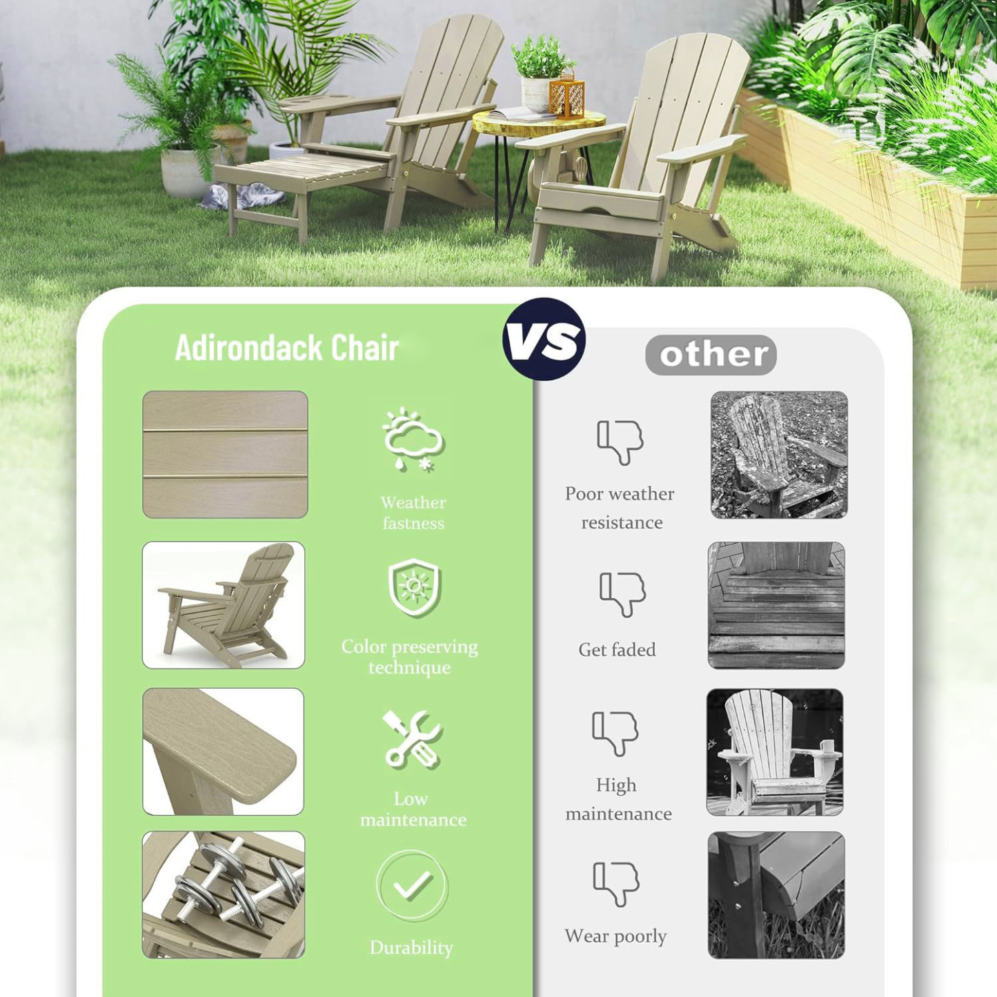 Adirondack Chair Set of 2 Adjustable & Retractable Ottoman  HDPE Folding Adirondack Chair with Cup Holder Outdoor Chairs few Steps Easy Installation,Widely Used in Outdoor, Patio, Lawn, Fire Pit, Deck, Outside, Chairs