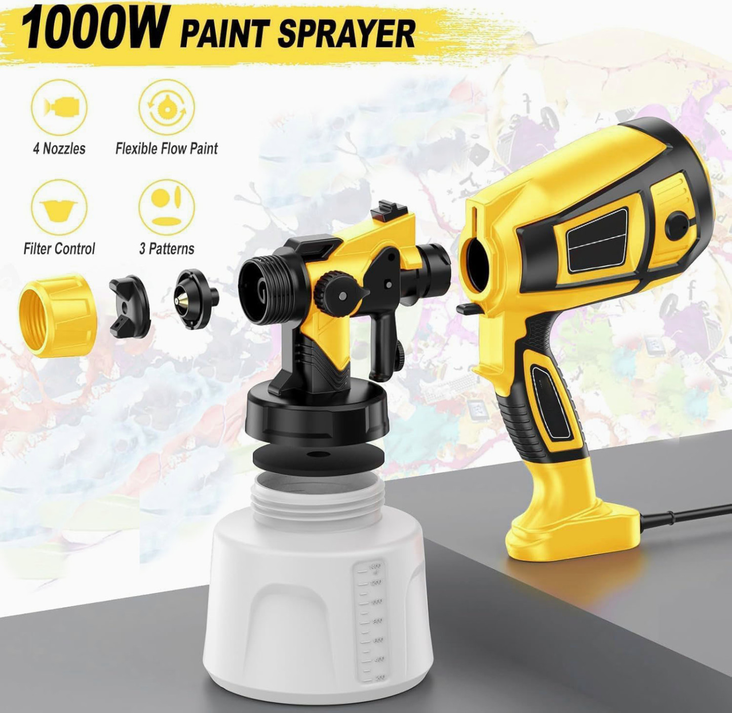 Paint Sprayer 1000W High Power Electric Spray Paint Gun Adjustable Spray Width Knob 1400ML Container 4 Nozzles & 3 Patterns Easy to Clean, for Furniture, Cabinets, Fence, Walls, Door, Garden Chairs etc