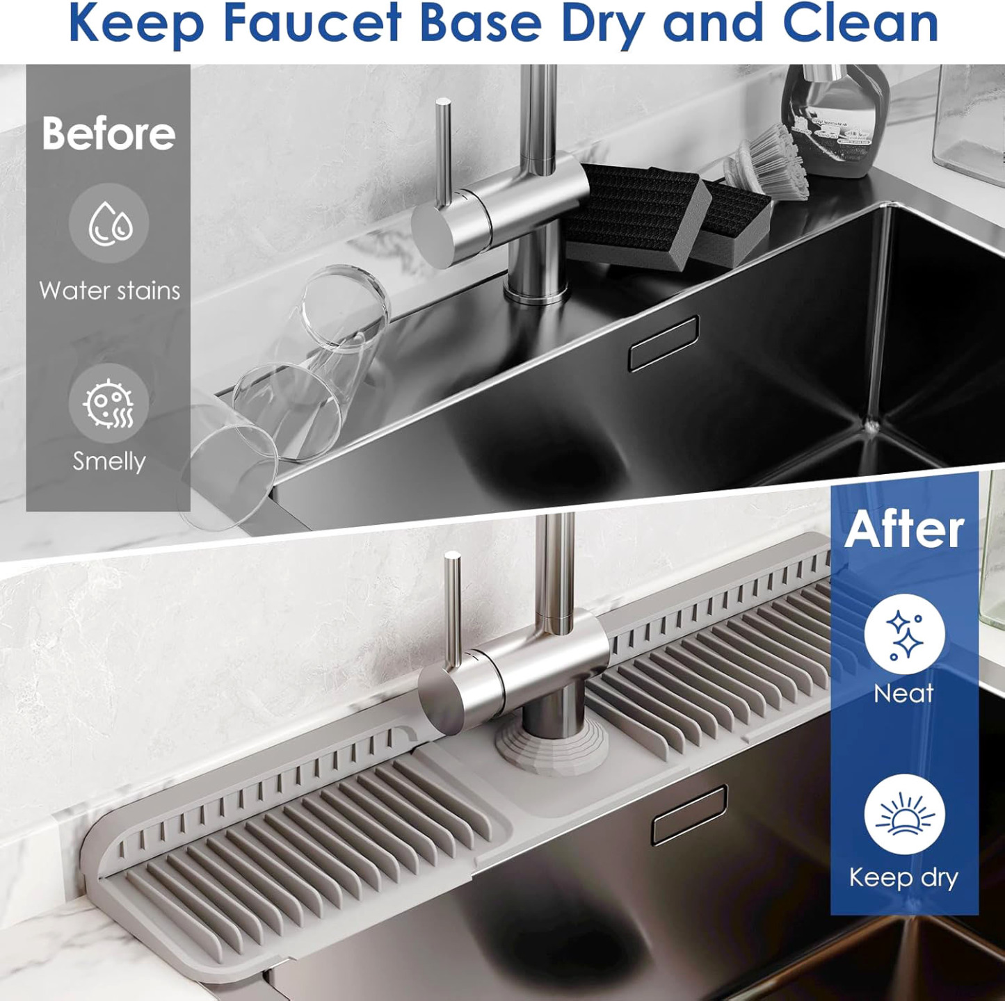 3 size Silicone Faucet Mat for Kitchen Sink Splash Guard Behind Faucet 7°Slope Sink Water Splash Guard Draining Mat for Kitchen Sink Area Faucet Mat for Bathroom Sink with Fasten Button