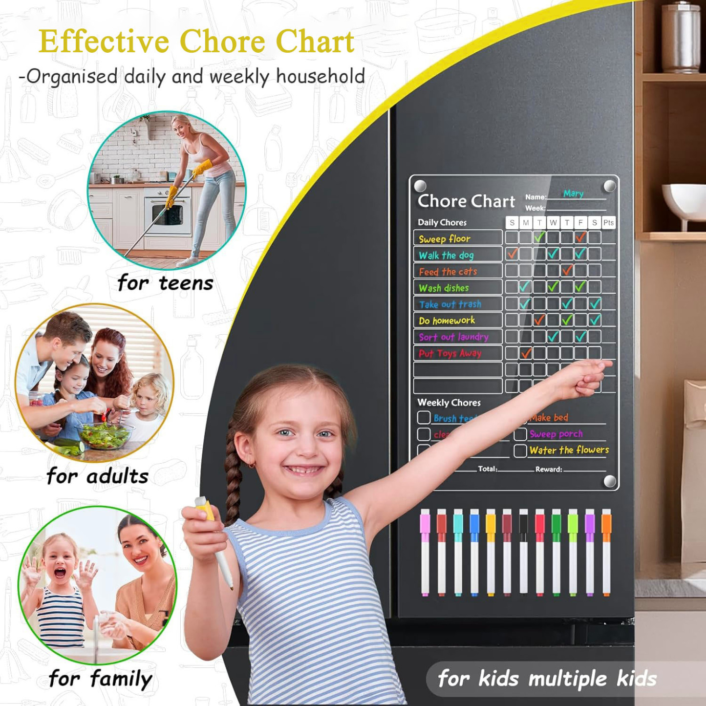 Acrylic Magnetic Chore Chart for Kids Chores Chart for Fridge Refrigerator Menu Board for Kitchen Weekly Meal Planner Whiteboard Refrigerator Dry Erase Behavior Chore Chart for Multiple Kids w/ 8 Colors Markers