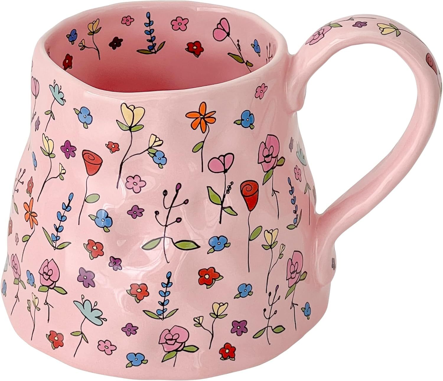 Large Ceramic Coffee Mug Cute Flower with Handmade Big Handle 20oz Girly Pink Floral Tea Cup for Gift Novelty Irregular Oversized Christmas Mugs for Latte Tea Milk Cocoa