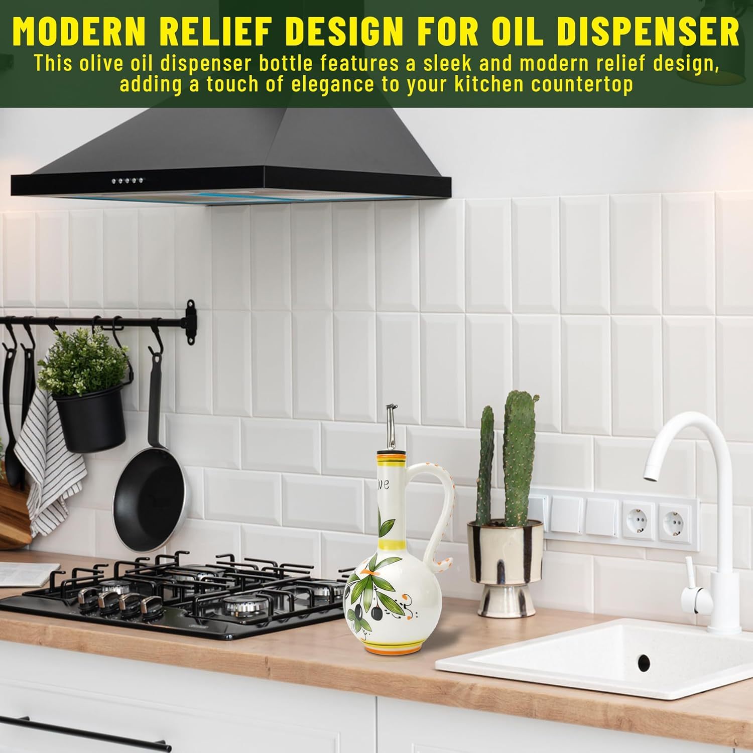 Hand-Painted Ceramic Olive Oil Dispenser Bottle 15oz Decorative Stoneware Cruet with Stainless Steel Spout for Oil, Vinegar, Syrups, and Sauces