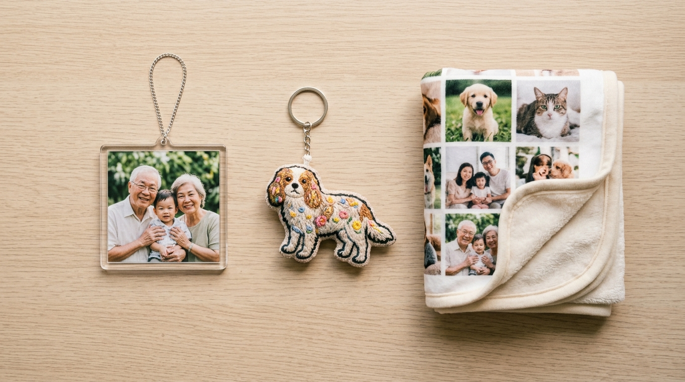 Personalized pet gift set with photo pendant charm, embroidered dog keychain, and custom collage fleece blanket.