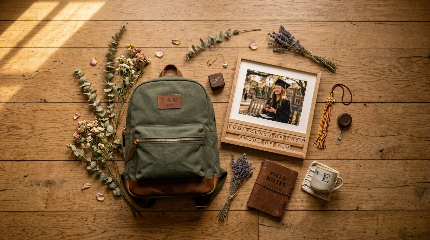 Flat lay of graduation gifts including a backpack, photo frame, and badge reel