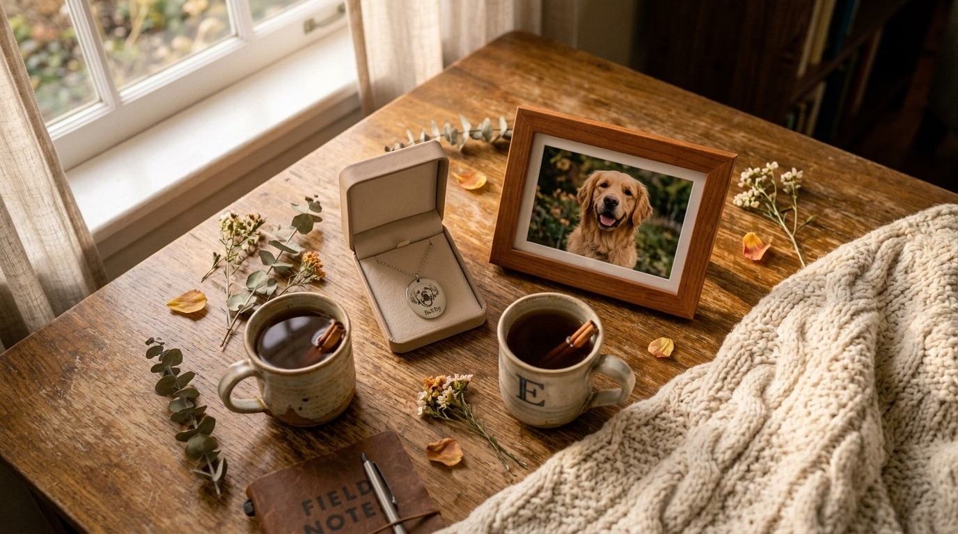 Flat lay of pet lover items including a photo necklace, framed pet photo, and cozy details