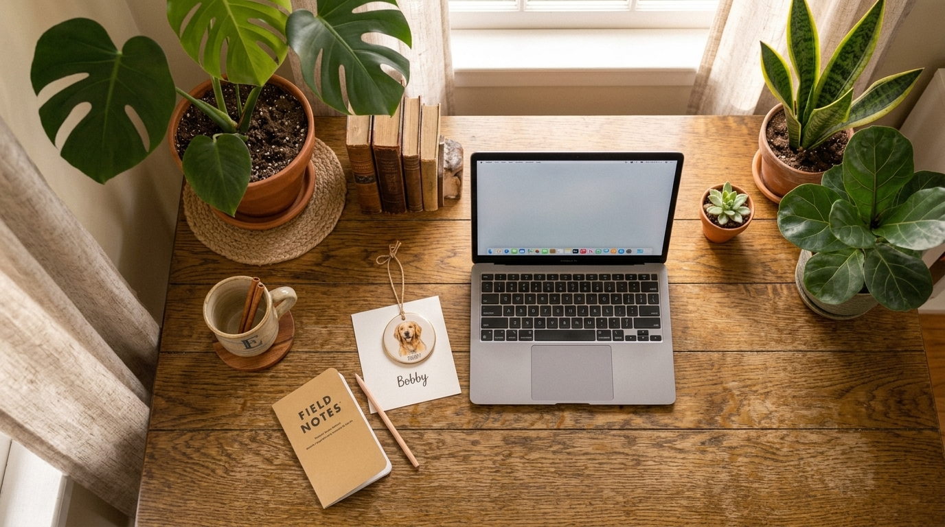 Overhead view of a cozy personalized home office desk