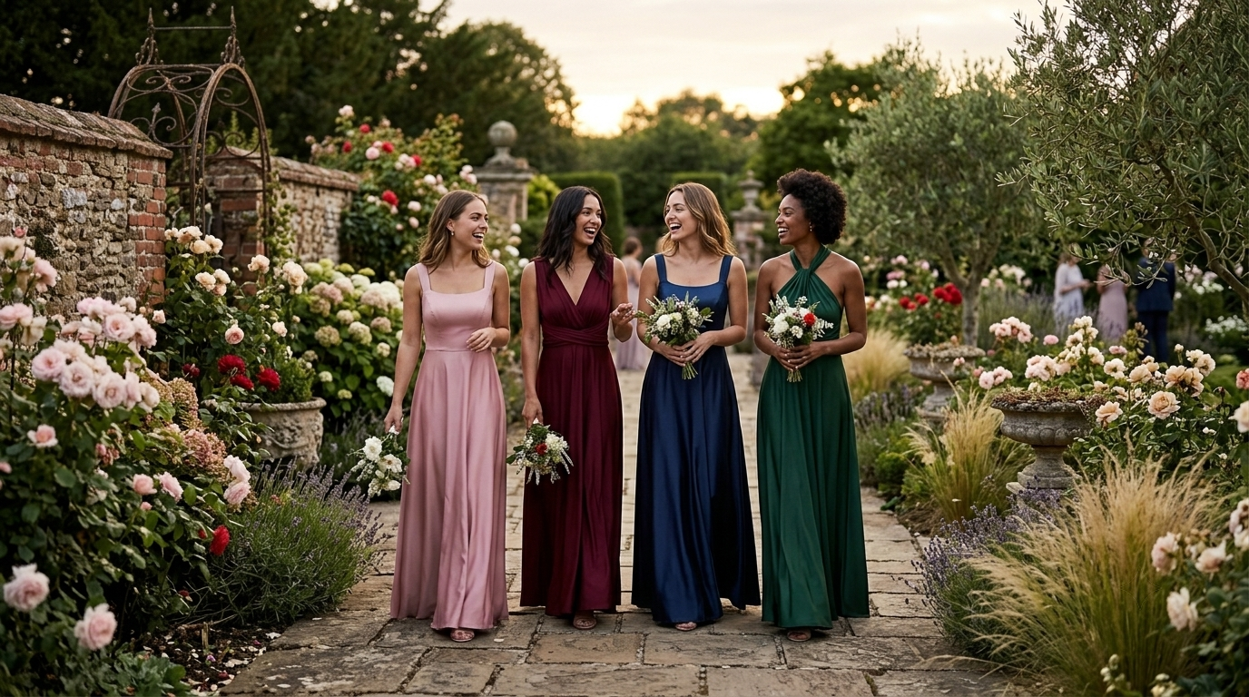  Four women in colorful bridesmaid dresses walking together on a stone path at dusk