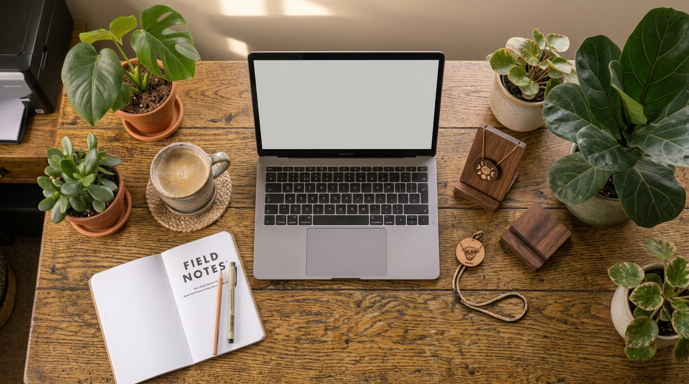 Overhead view of an organized home office desk with personalized accessories