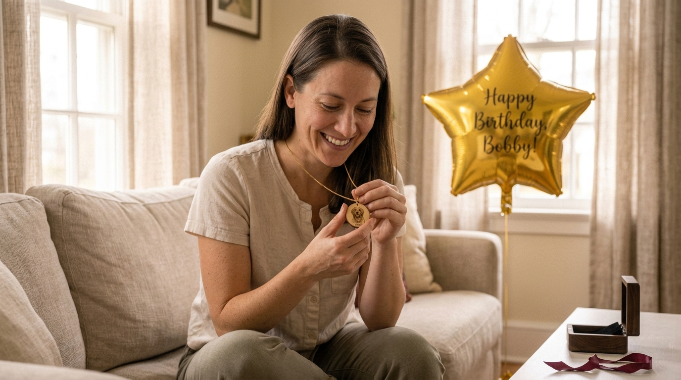 A woman smiling with a personalized necklace and birthday balloon in the background