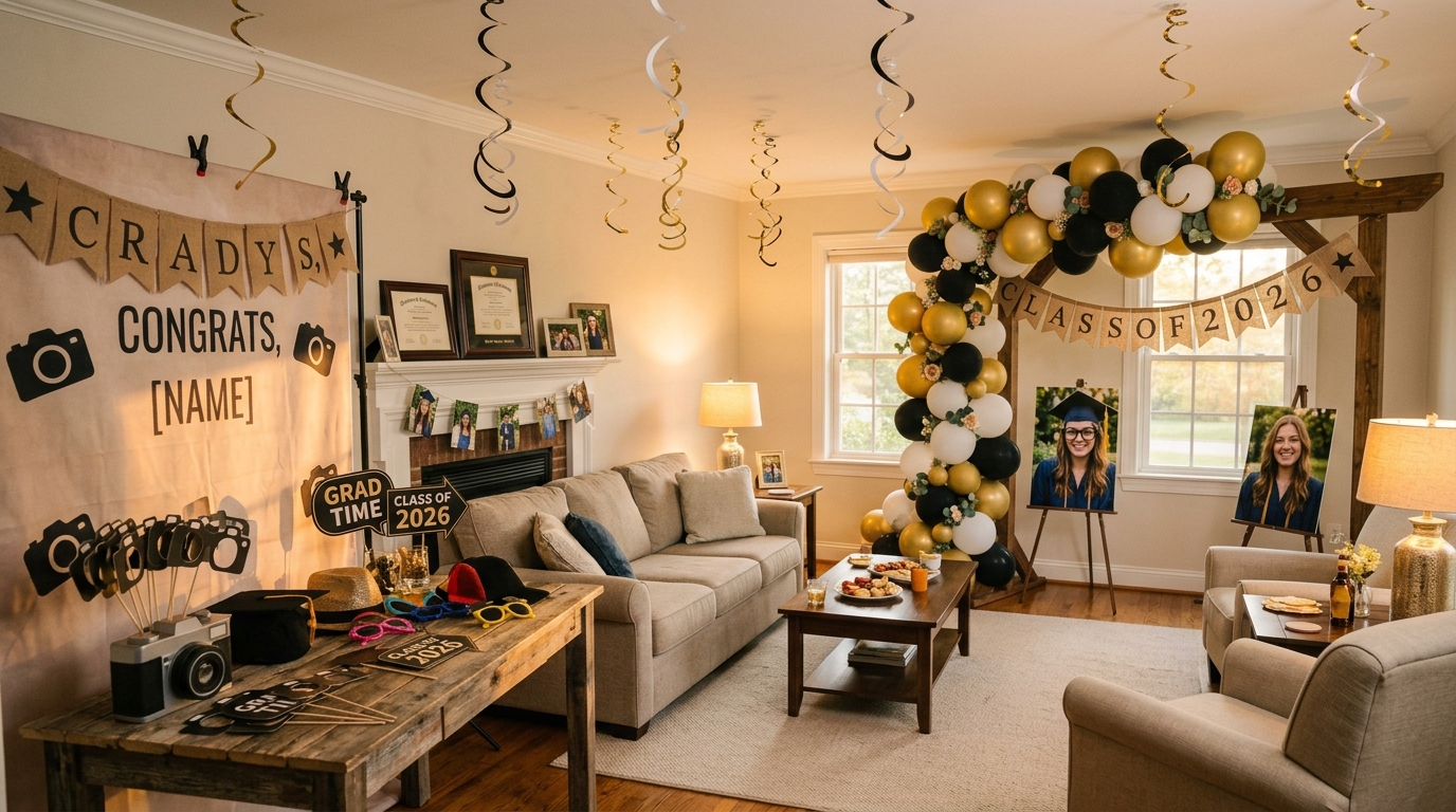 A living room transformed for a graduation party with balloon arch and photo booth