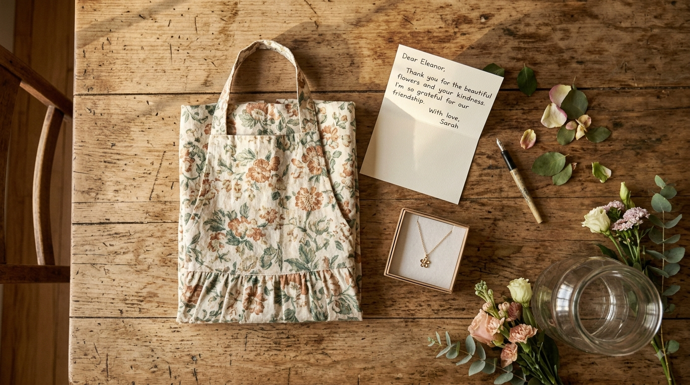 Overhead view of a thank you gift arrangement with apron, card, and necklace