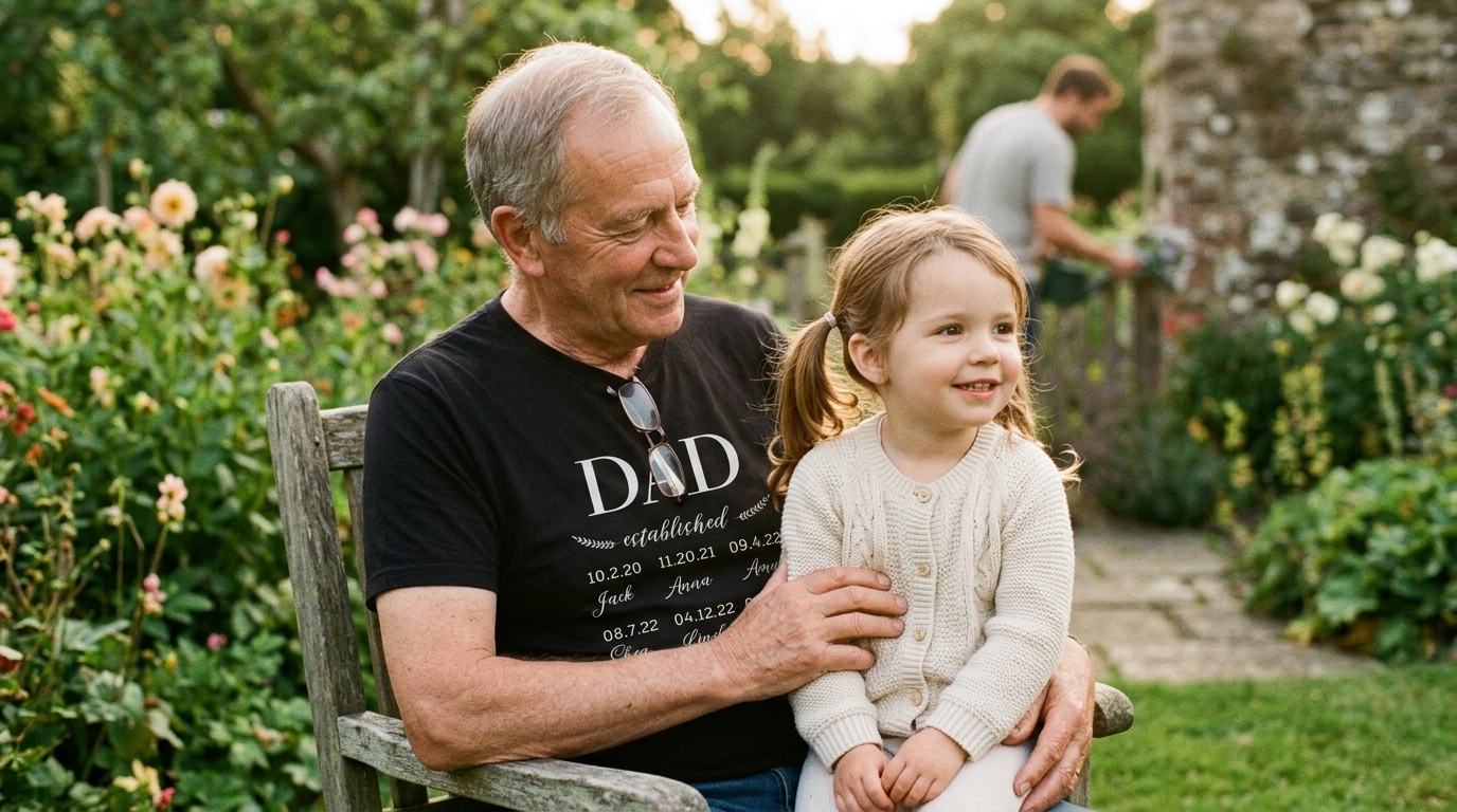 A grandfather with his granddaughter on his lap in a sunlit garden