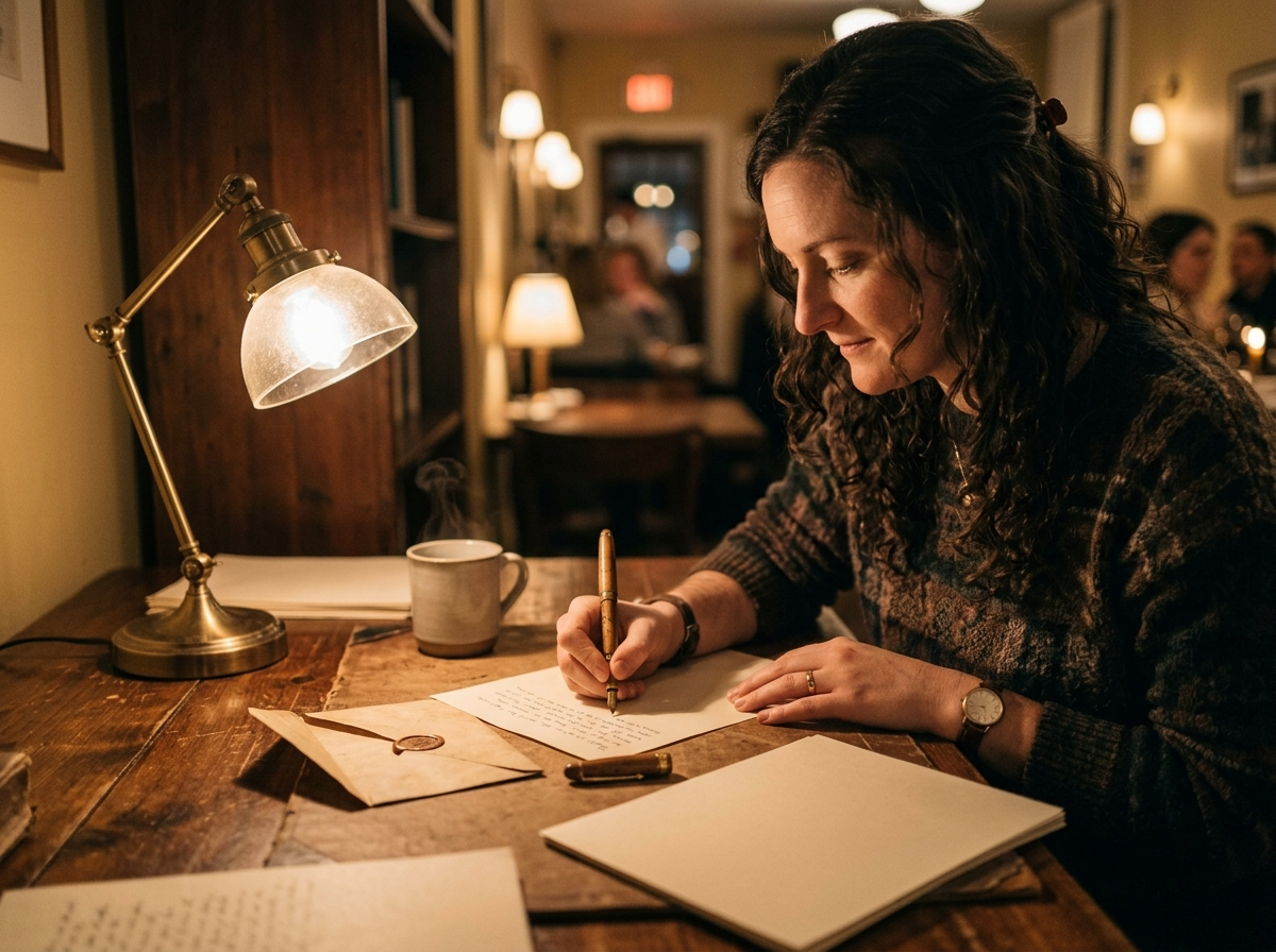 A person writing a handwritten letter at a wooden desk beside an open envelope