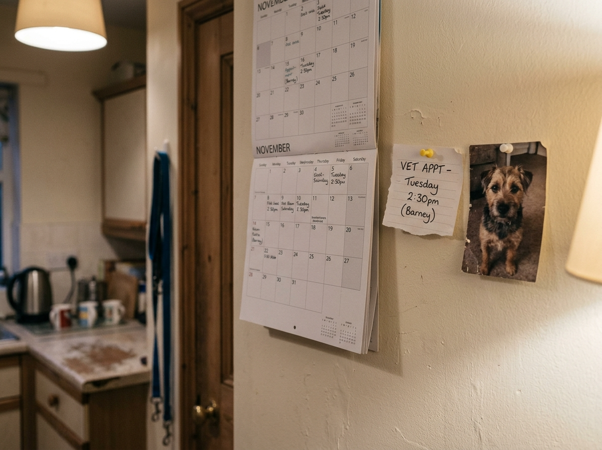 A kitchen calendar with a handwritten note and a pet photo pinned beside it