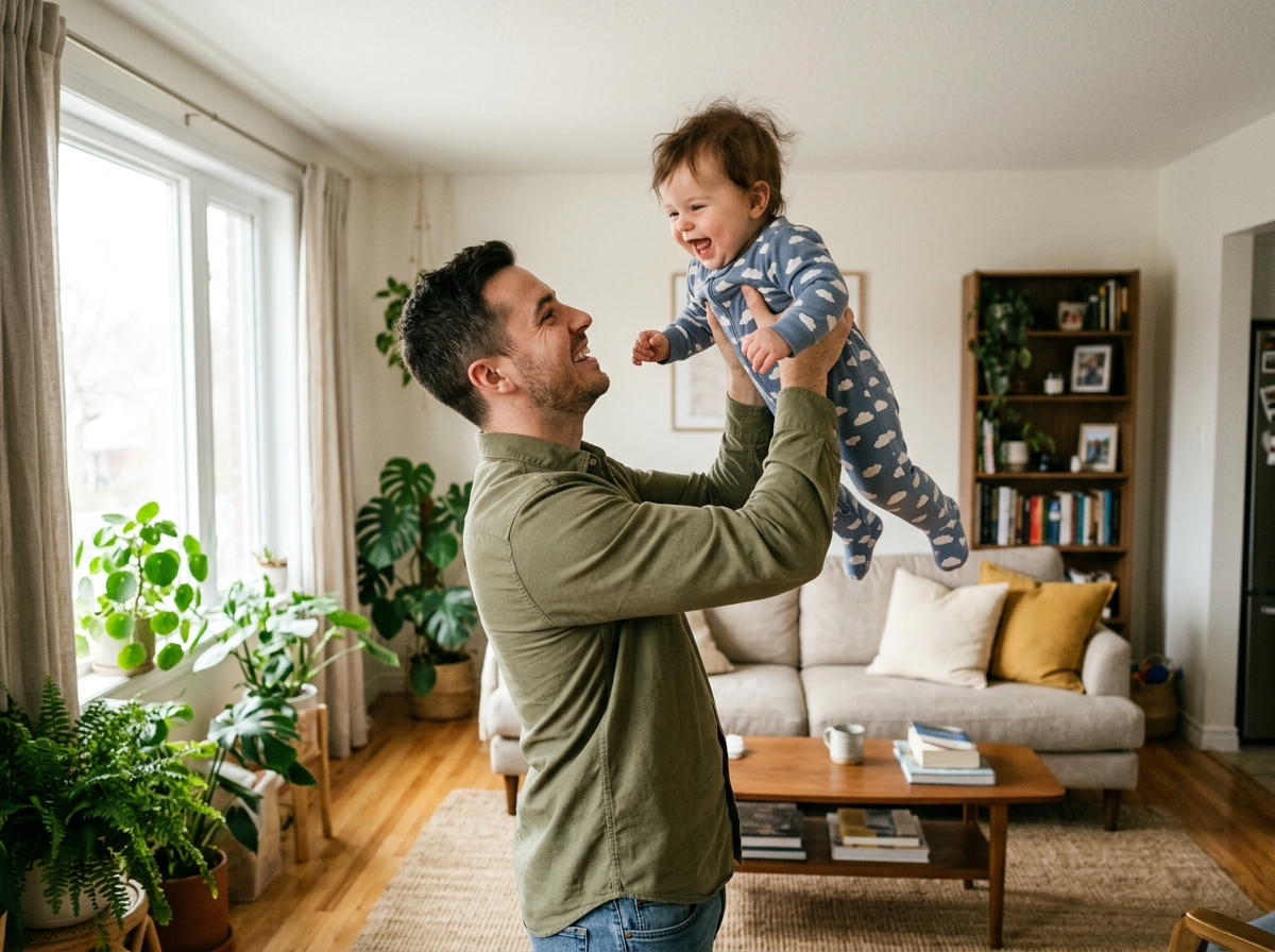 A parent joyfully holding up a smiling baby in a bright living room