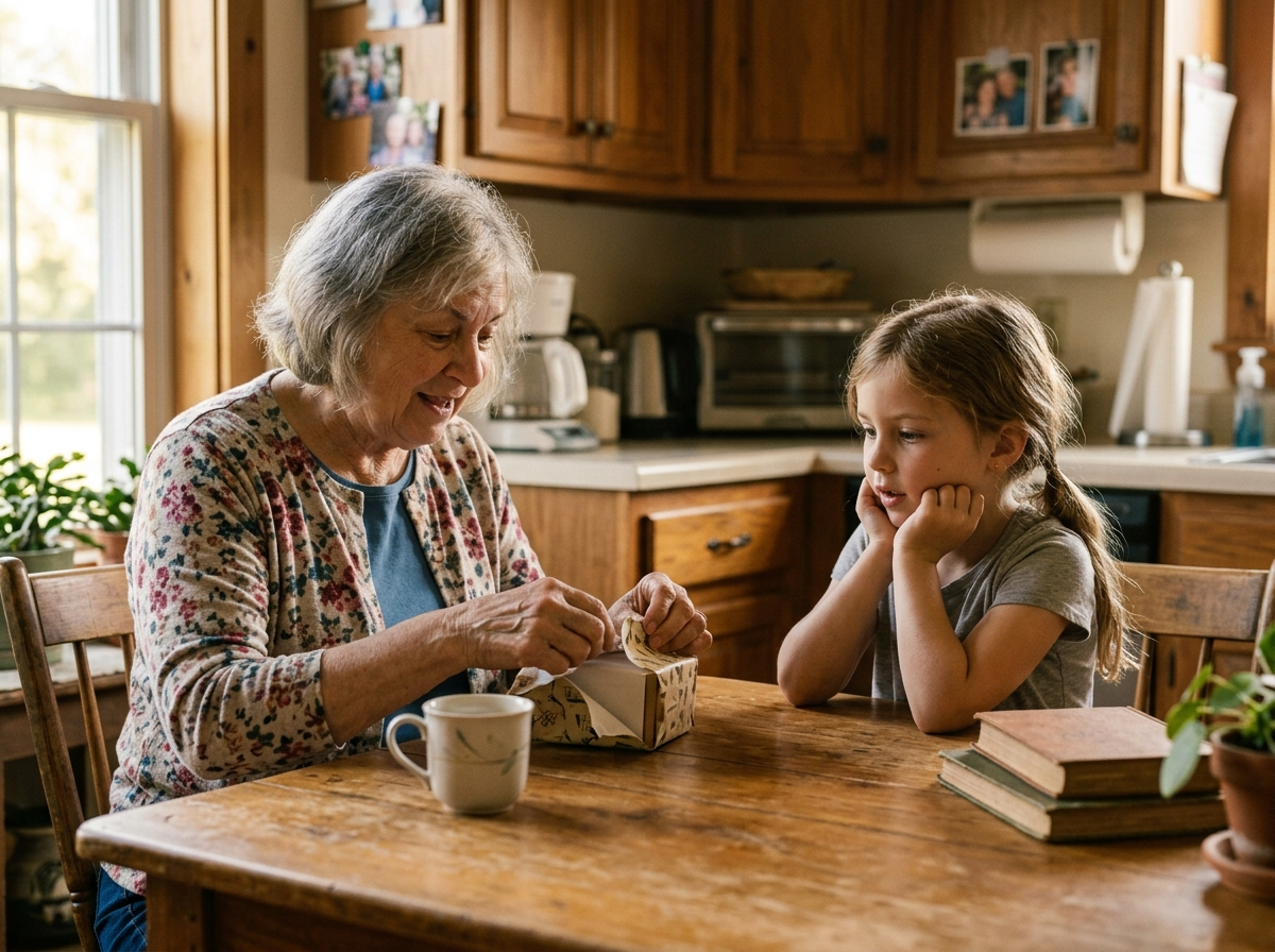 A grandmother unwrapping a small gift at a kitchen table while a grandchild watches
